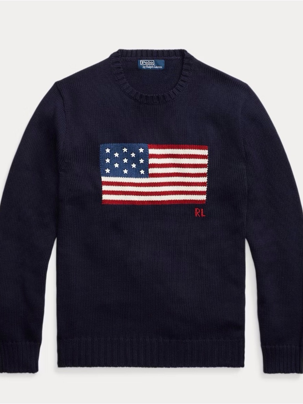 Iconic Ralph Lauren Navy Crewneck Sweater with American Flag 🇺🇸 | L